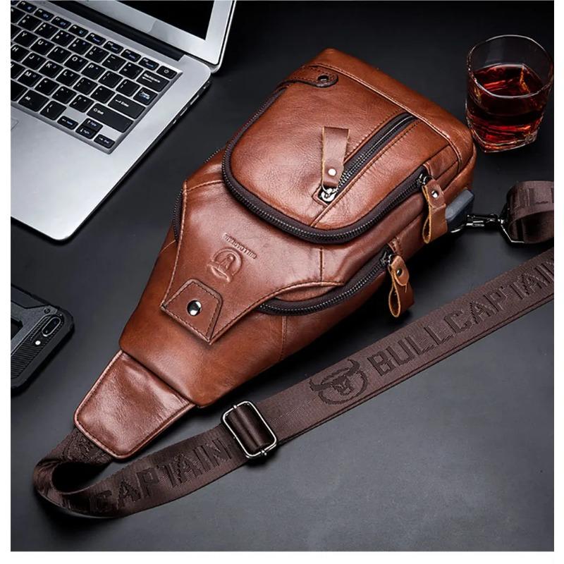 2024 New 100% Cowhide Leather Casual Fashion Crossbody Chest Bag Men's Leather Bag USB Charging Travel Shoulder Bag Daypack Male