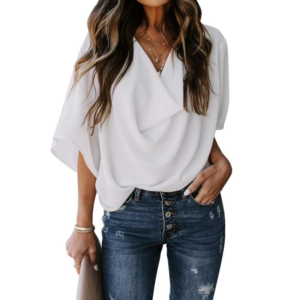 New Women's Casual Loose V-neck Chiffon Blouse Shirt T-shirt Top for Women European American Style