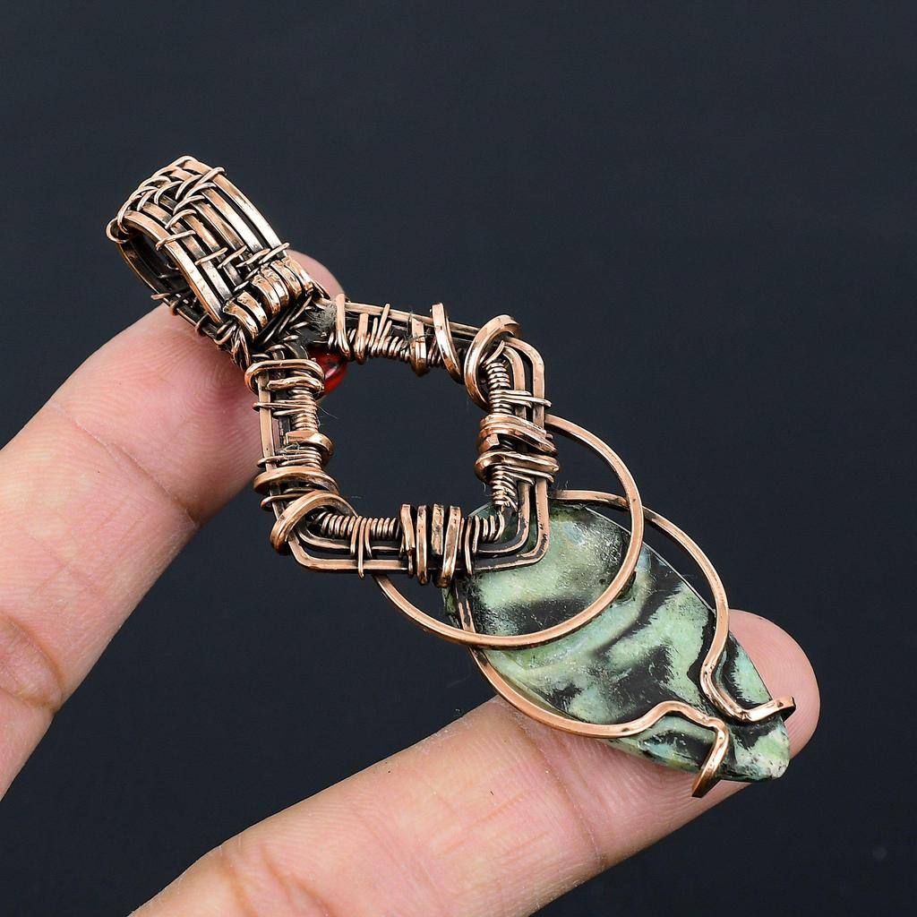 Ruby In Fuchsite, Coral Gemstone Pure Copper Wire Wrapped Handmade Jewelry Pendant Gift