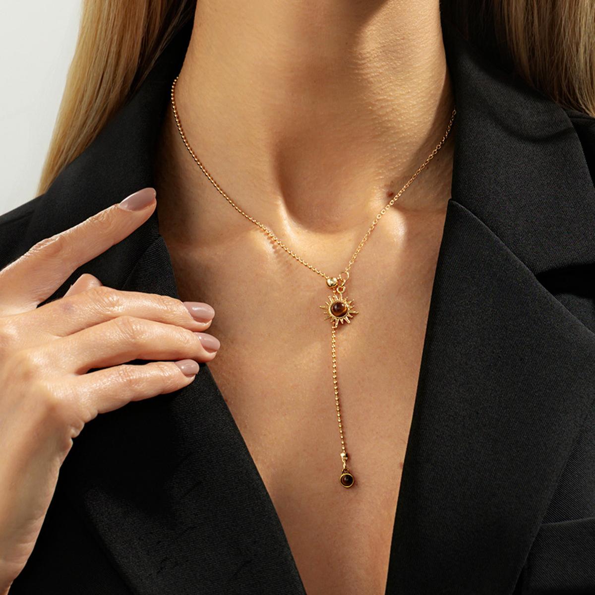 SHIXIN Exquisite Gold Color Sunflower Pendant Necklace for Women Vintage Brown Stone Long Tassel Clavicle Chain New Year Jewelry