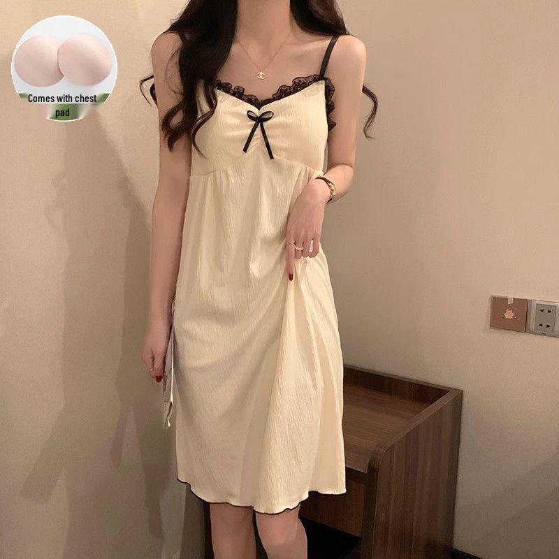 Women's Apricot Lace-Trimmed Camisole Nightgown - Padded Bust, Casual Summer Home Wear Skirt Pajamas