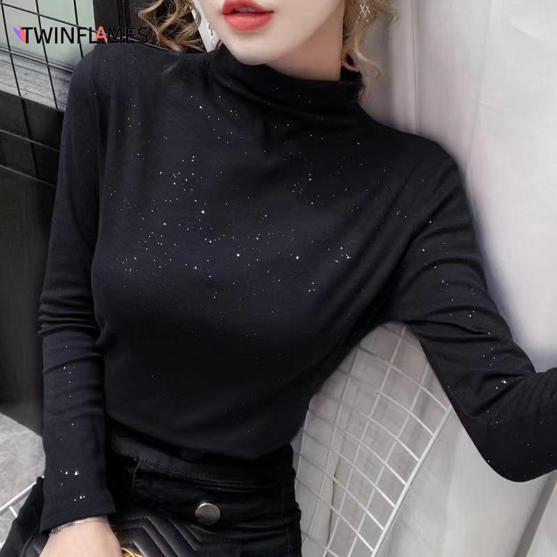 Zimní Dámská Móda Top Třpytky Dámské Nové Tlusté tričko se zapínáním na polovysoký výstřih, dlouhý rukáv Basic All Match Trička