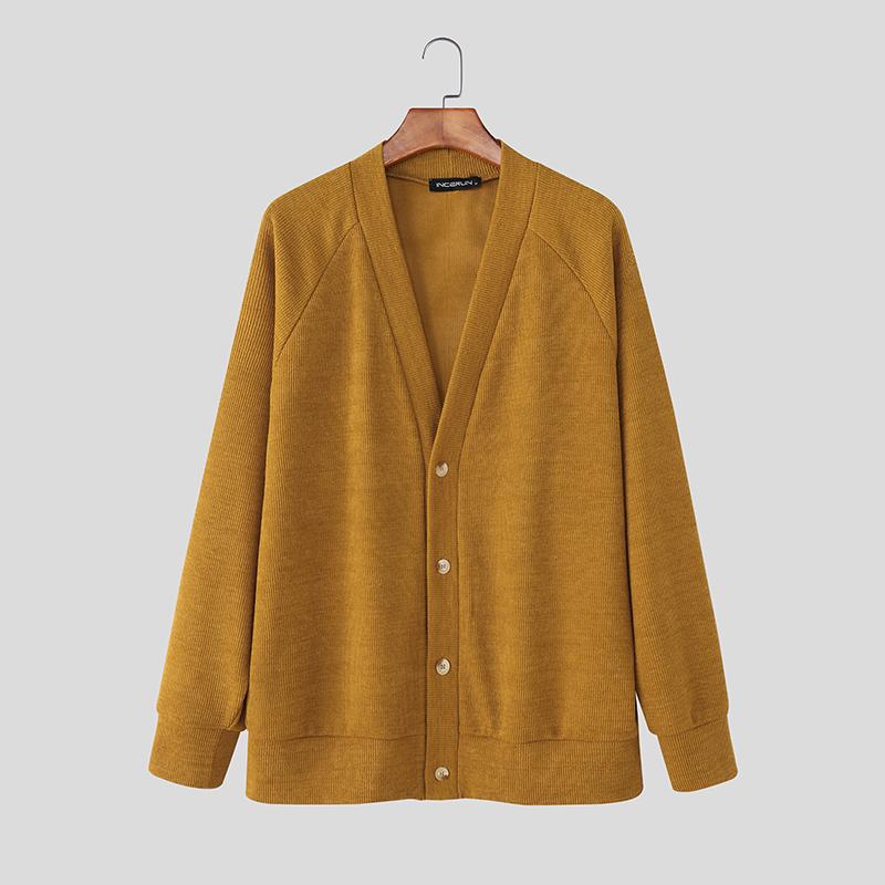 INCERUN Men V Neck Long Sleeve Buttons Up Rib Knit Oversized Cardigan Tops