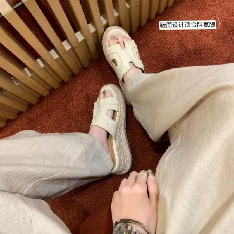 Rindslederversion Strohmuffin getragen erhöht 6cm Ruth Retro-Wort dicker Boden Keilabsatz H coole Slipper Damen Sommer