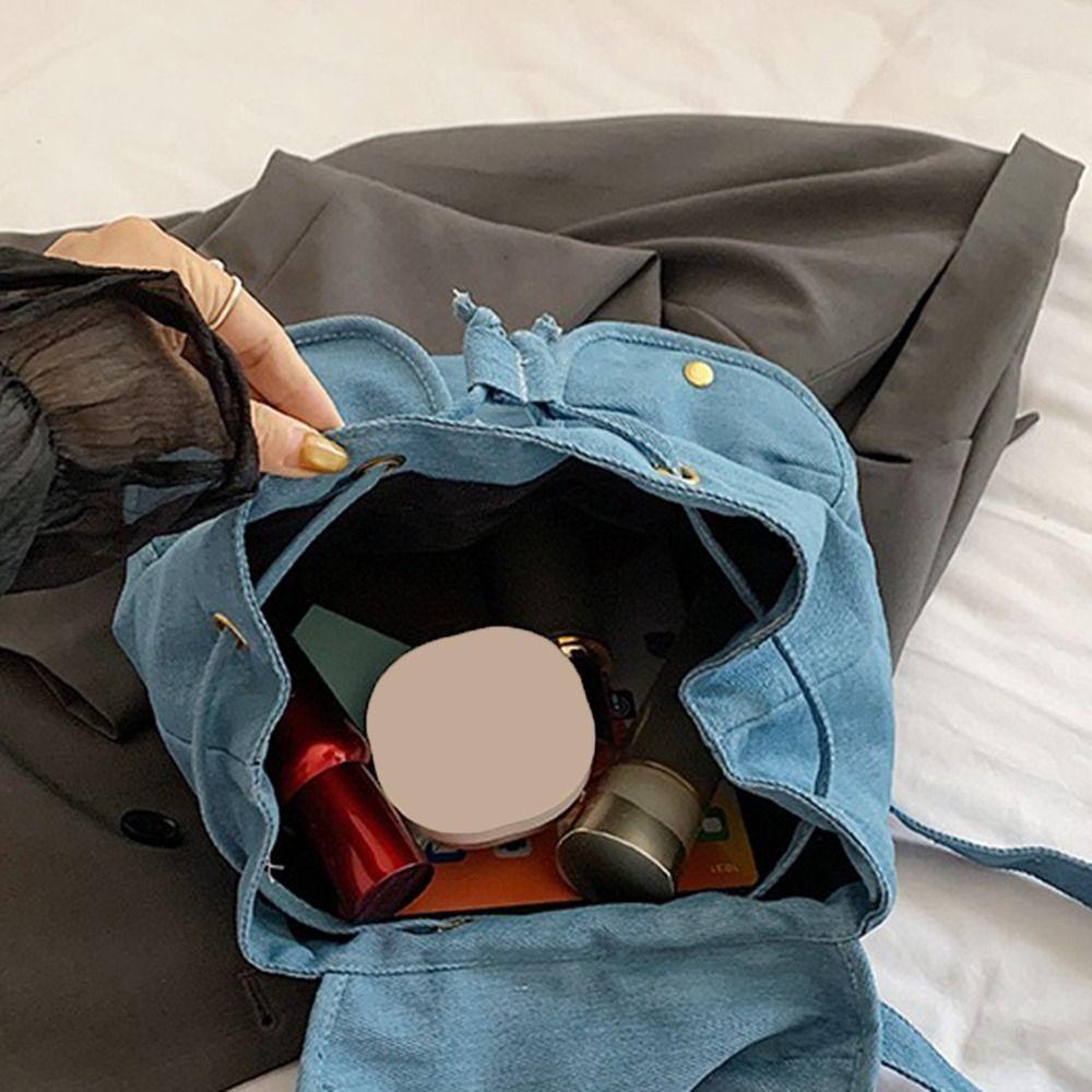 Washed Denim Retro Backpack Large Capacity Lace-up Drawstring School Bag Exposed Stitching Multi-pocket Commuting Bag Students