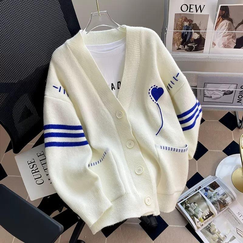 

Женский кардиган в полоску, из веревочной вязки, пальто на осень и зиму, контрастные цвета, милый ветер, свободный топ с V-образным вырезом, вязаный 412-141 (average size) синий