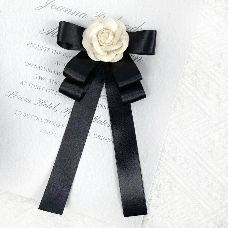 Vintage Camellia Bow Tie Brooch for Women College Fabric Flower Shirt Collar Pin for Wedding Party Preppy Aesthetic Clothing
