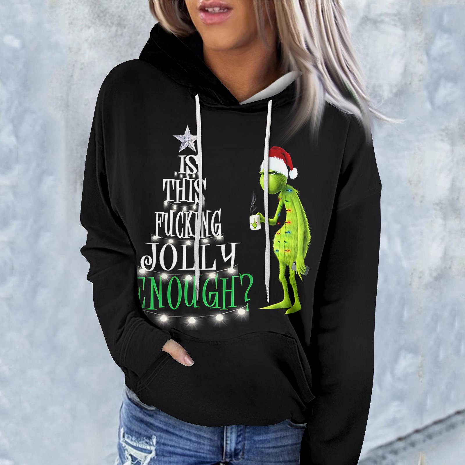 

Женская модная повседневная толстовка с длинным рукавом и рождественским принтом L чёрный