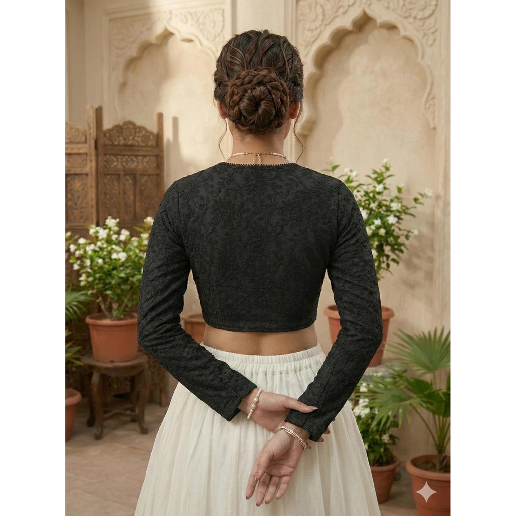 Beautiful Black Embroidery Readymade Blouse Indian Women's Full Sleeves Choli