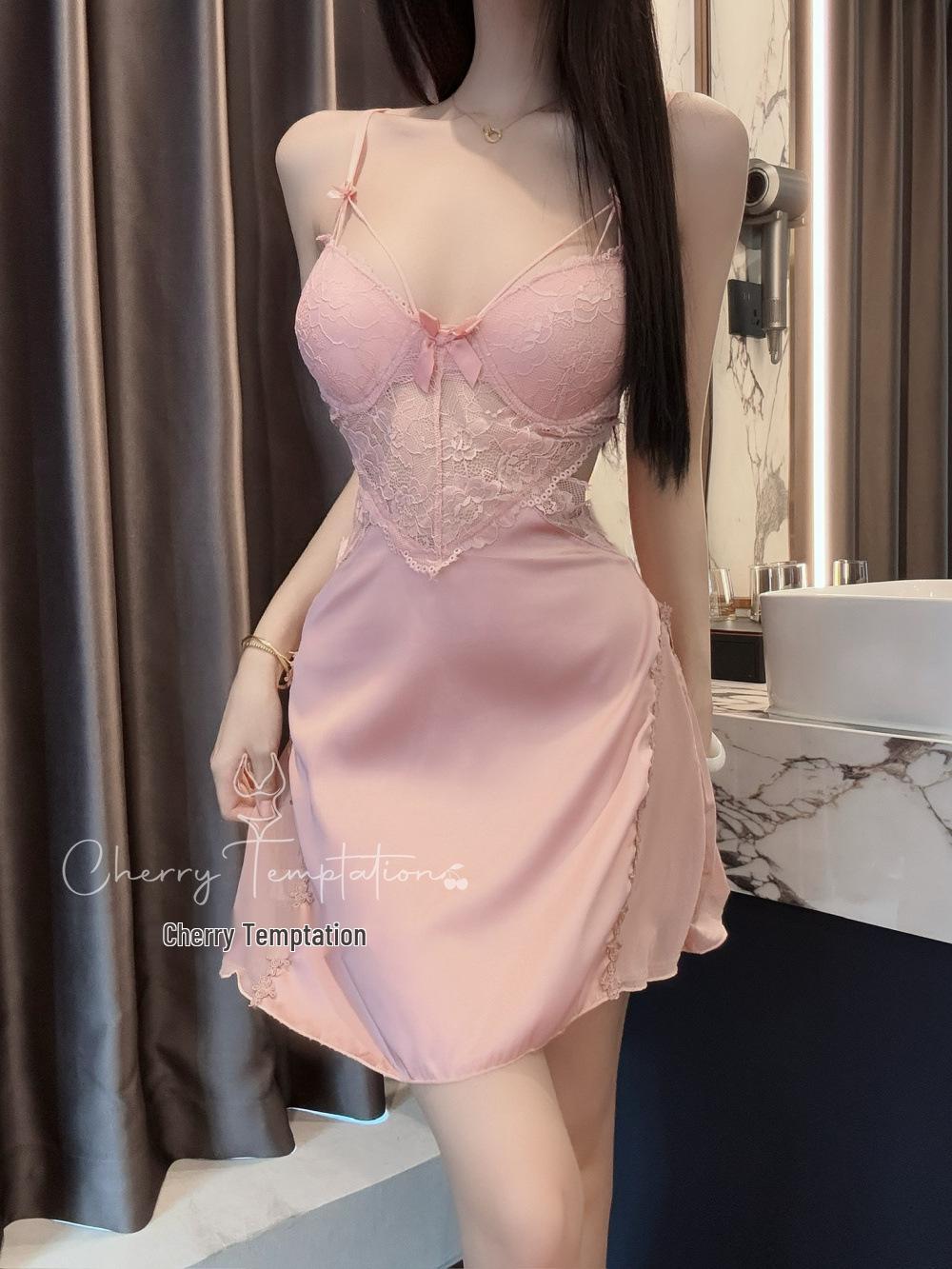 

Feminine Summer Camisole Nightdress with Lace Cutout & Chest Pads - Beautiful Back Two-Piece Sleep Robe Set for Women. XL (60-70 kg)
