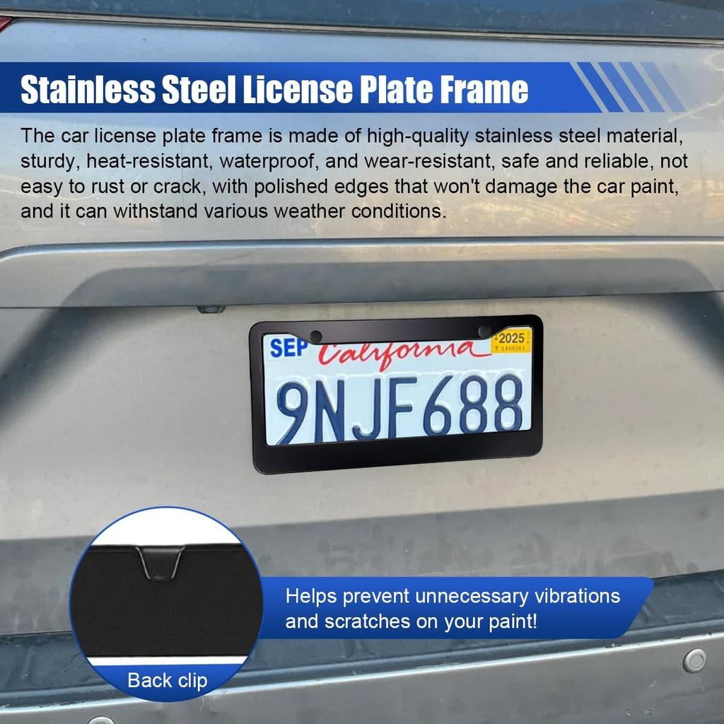 2PCS Matte Black License Plate Frames, Stainless Steel Tag Frame, Car License Plate Protector Holder with Screws Fasteners Caps, Universal Front &