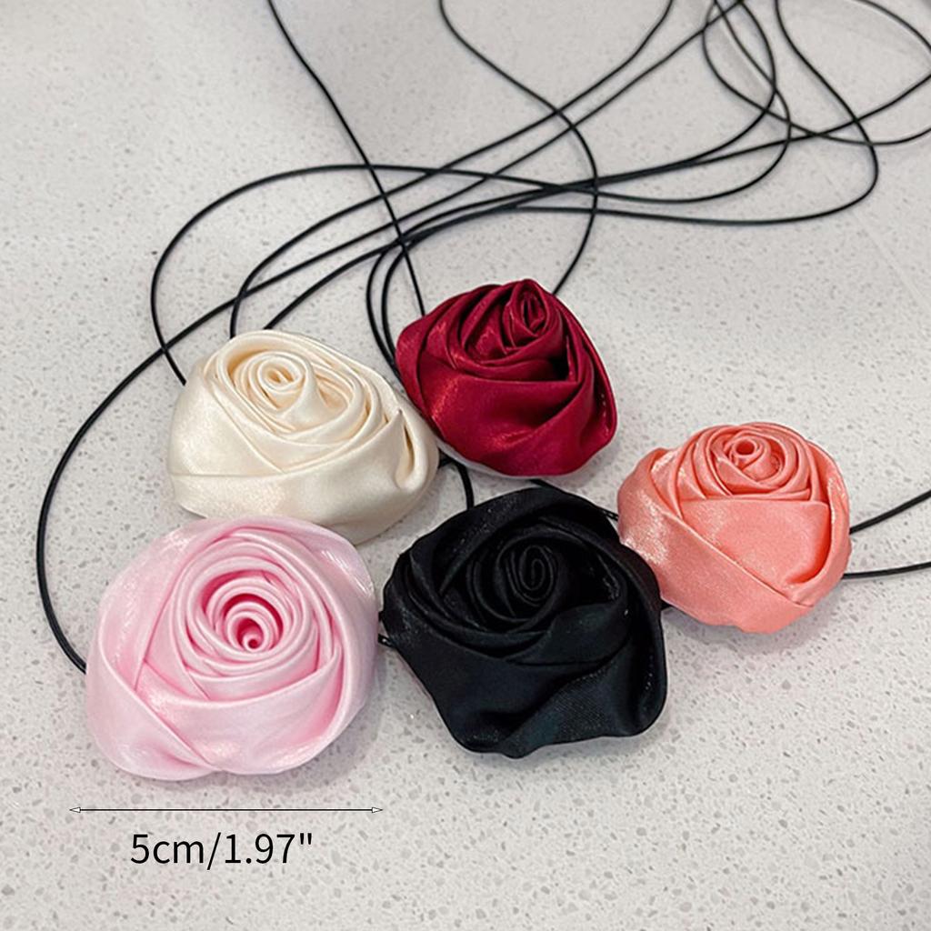 Silk Rose Flower Collar Choker Necklace Long Lace-up Necklace Wedding Jewelry Neck Chain Gift for Women Teens Girls