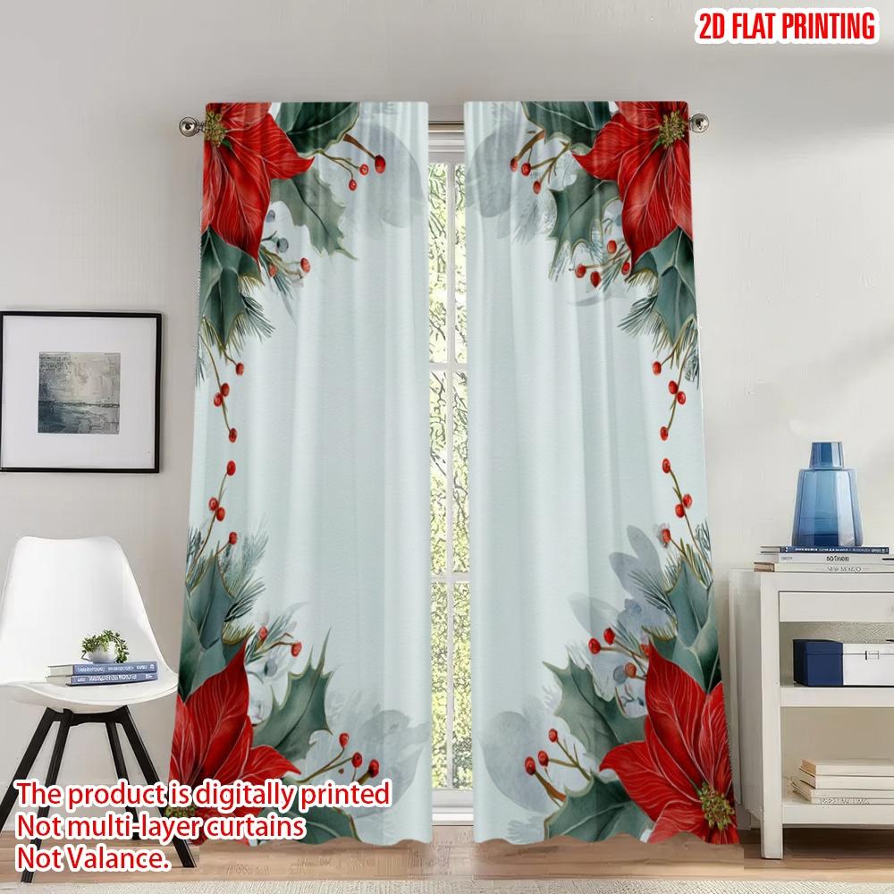 

Set Of 2 Flat Printing Christmas Scene Curtains Poinsettia Holly Berries Digital Printed Polyester Drapes Festive Curtain W100*H70(CM)-Grommet top&1PCS