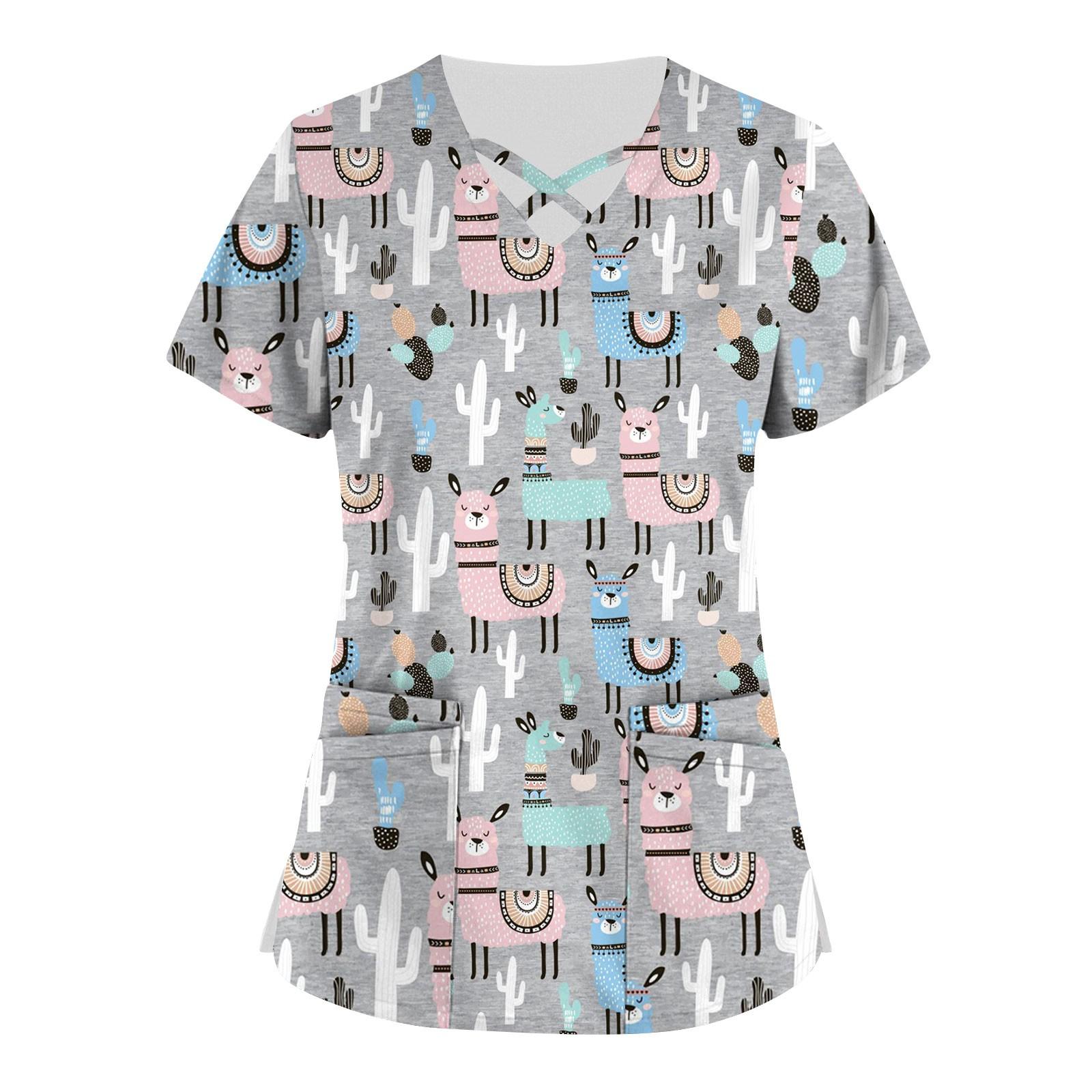 

Плюс размер, милая рабочая форма с принтом, топы для женщин, забавные футболки с перекрестным v-образным вырезом и короткими рукавами, рабочая одежда, футболка с карманами XXXXXL