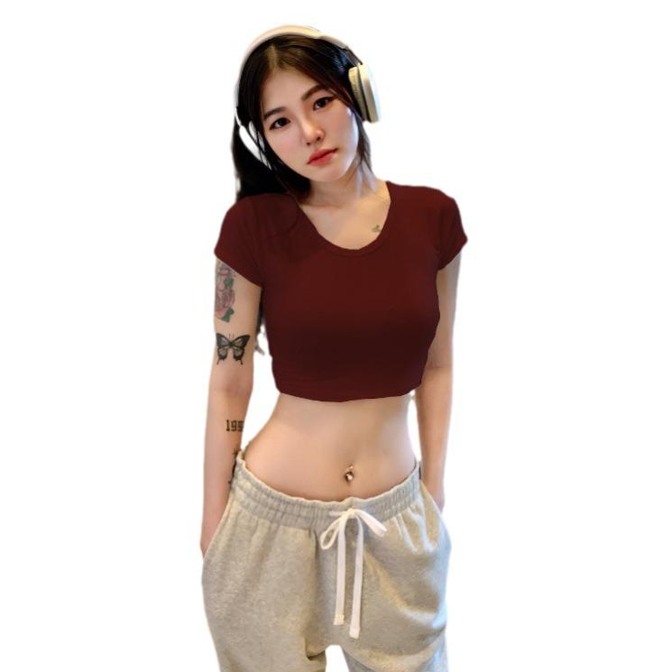 Trendy Slim Fit U-Neck Navel-Baring T-Shirt for Women