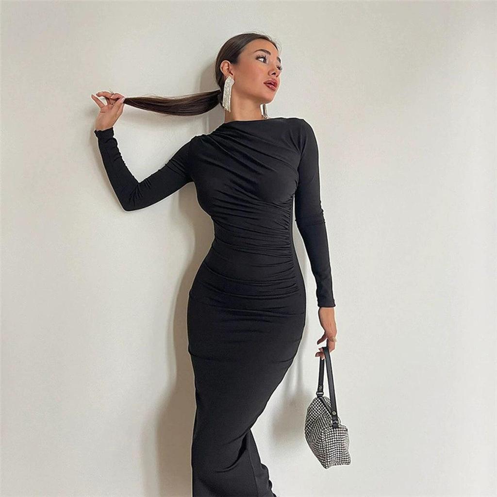 2026 European & American Slim Fit Solid Color Bodycon Dress - Long, Elegant, Temperamental, for Women: Spring/Autumn