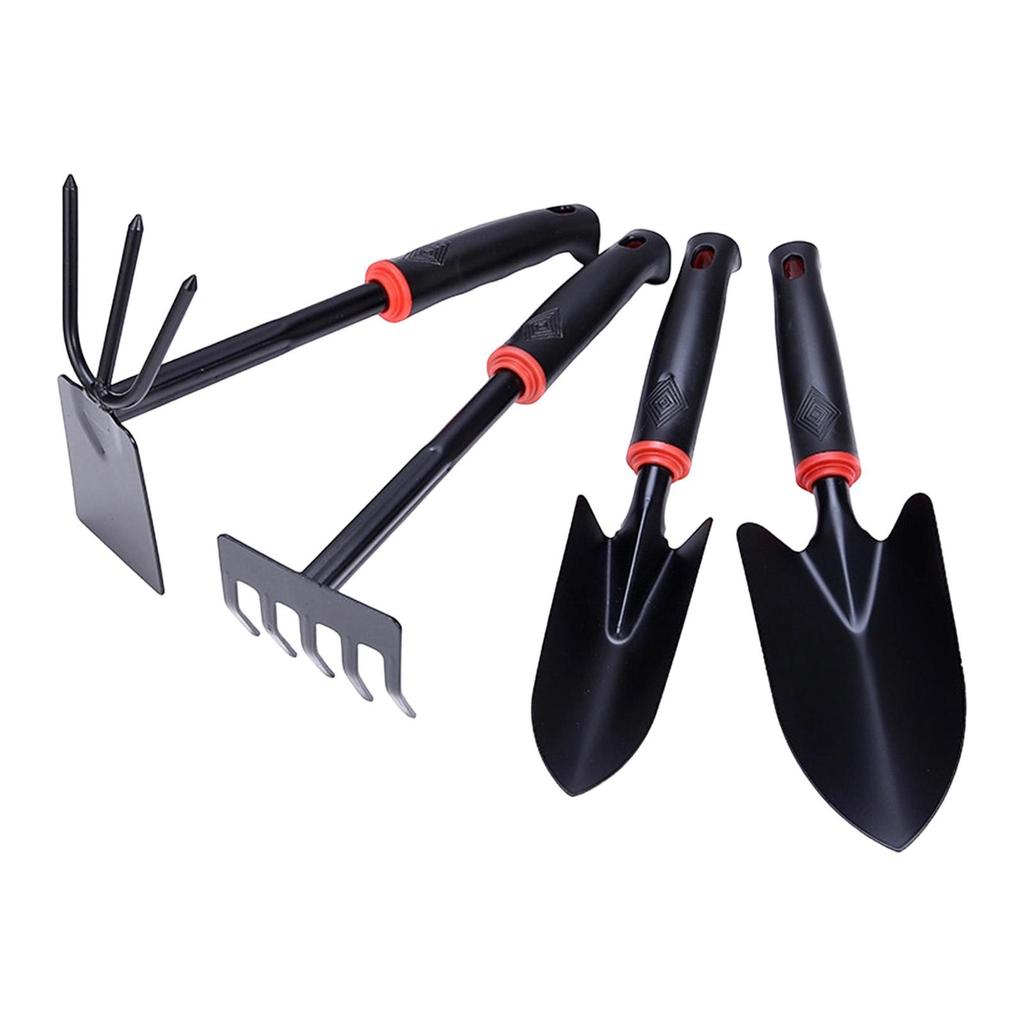 4Pcs Garden Tool Set Heavy Duty Ergonomic Handle Rake 3 Claw Tiller Gardening Hand Tools Hoe and Cultivator for Digging Weeding