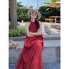 New Chinese Vintage National Style Jacquard Red Halter Dress for Women, Summer Seaside Vacation Elegant Long Skirt with a Wide Swing