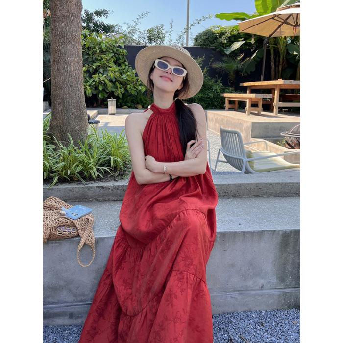 New Chinese Vintage National Style Jacquard Red Halter Dress for Women, Summer Seaside Vacation Elegant Long Skirt with a Wide Swing