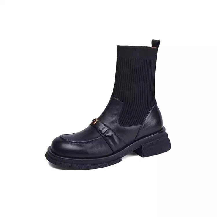 

[Ushilai] British style thin boots women s 2025 spring new camellia pearl thick heel elastic Martin boots 40 чёрный