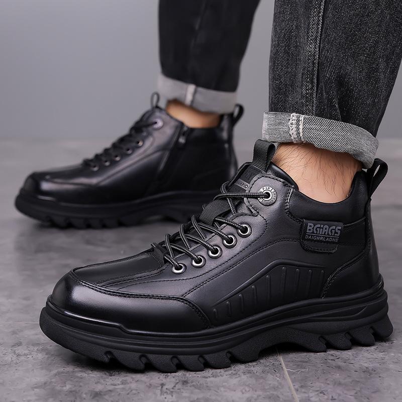 Men's soft elastic winter warm cold wool lining leather snow boots thick bottom non-slip wear outdoor casual sneakers cotton boots