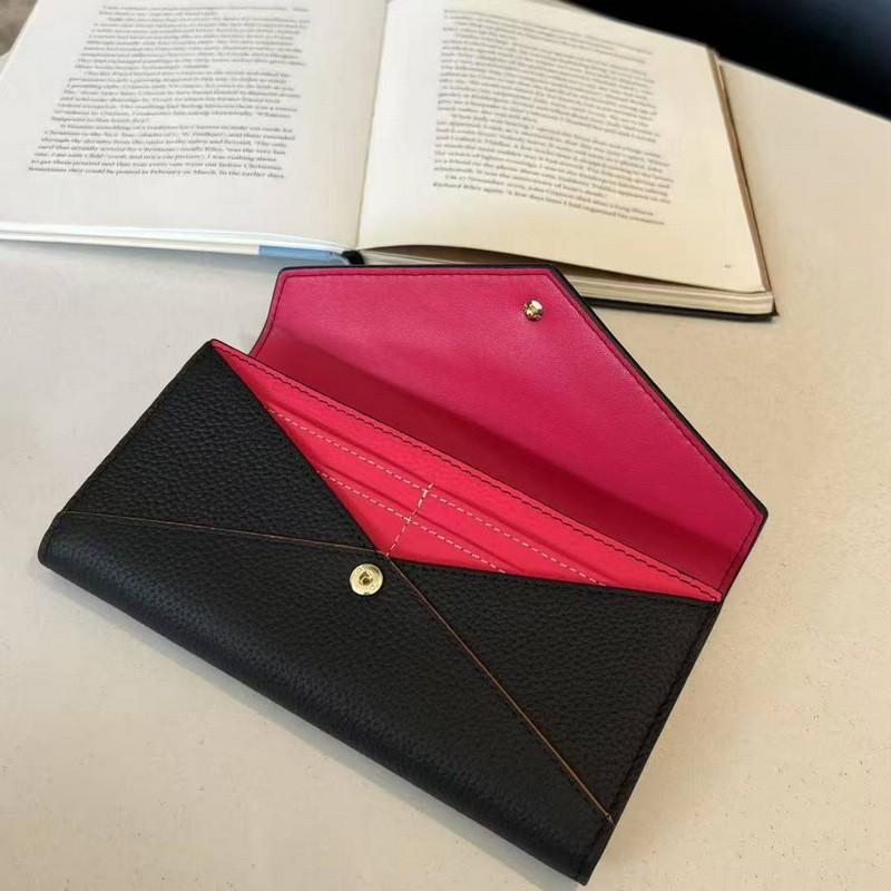 Genuine Leather Wallet. First Layer Cowhide Lychee Pattern Envelopes Spliced With Contrasting Colors. Long Three-fold Wallet