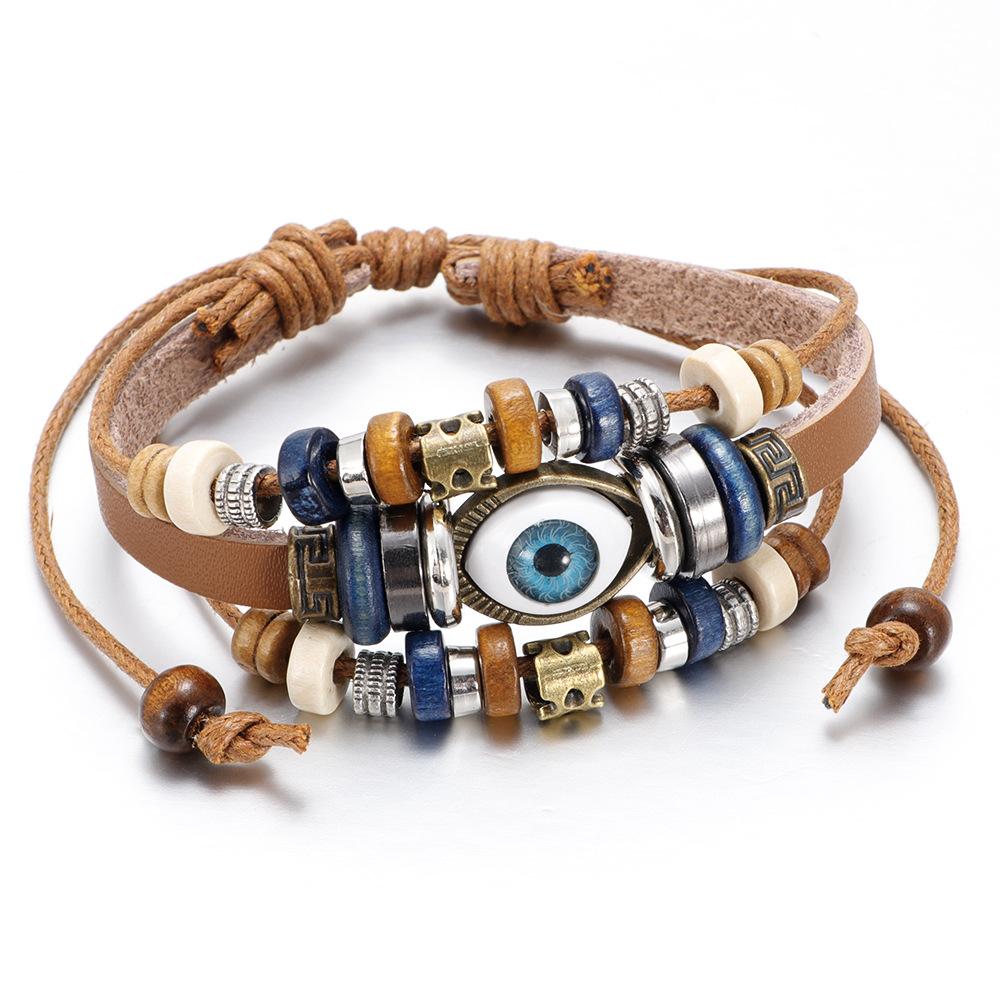 Bohemian Multilayer Braided Leather Bracelet with Eye Beads, Adjustable Couple Wristband