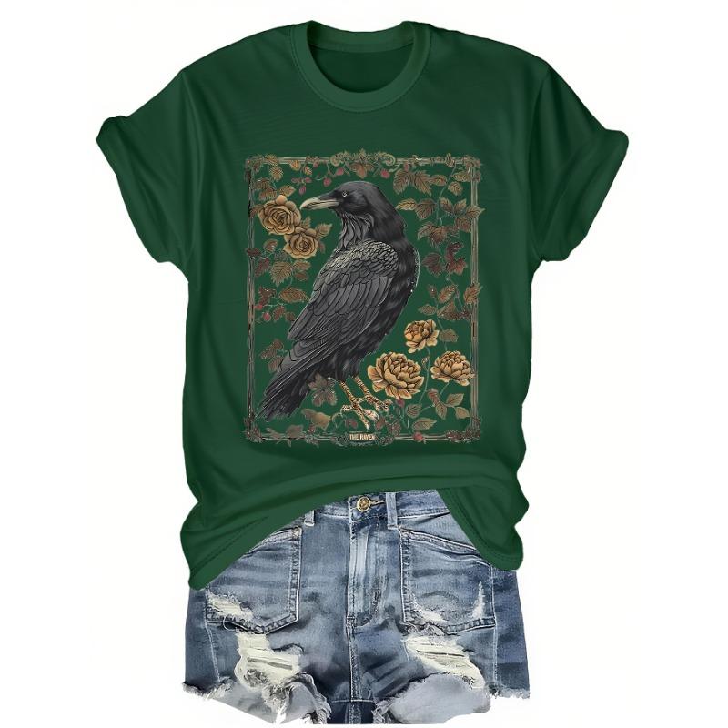 Retro Flower and Crow Pattern Printing + Short Sleeves + Round Neck T-shirt + Spring and Summer Women's Clothing