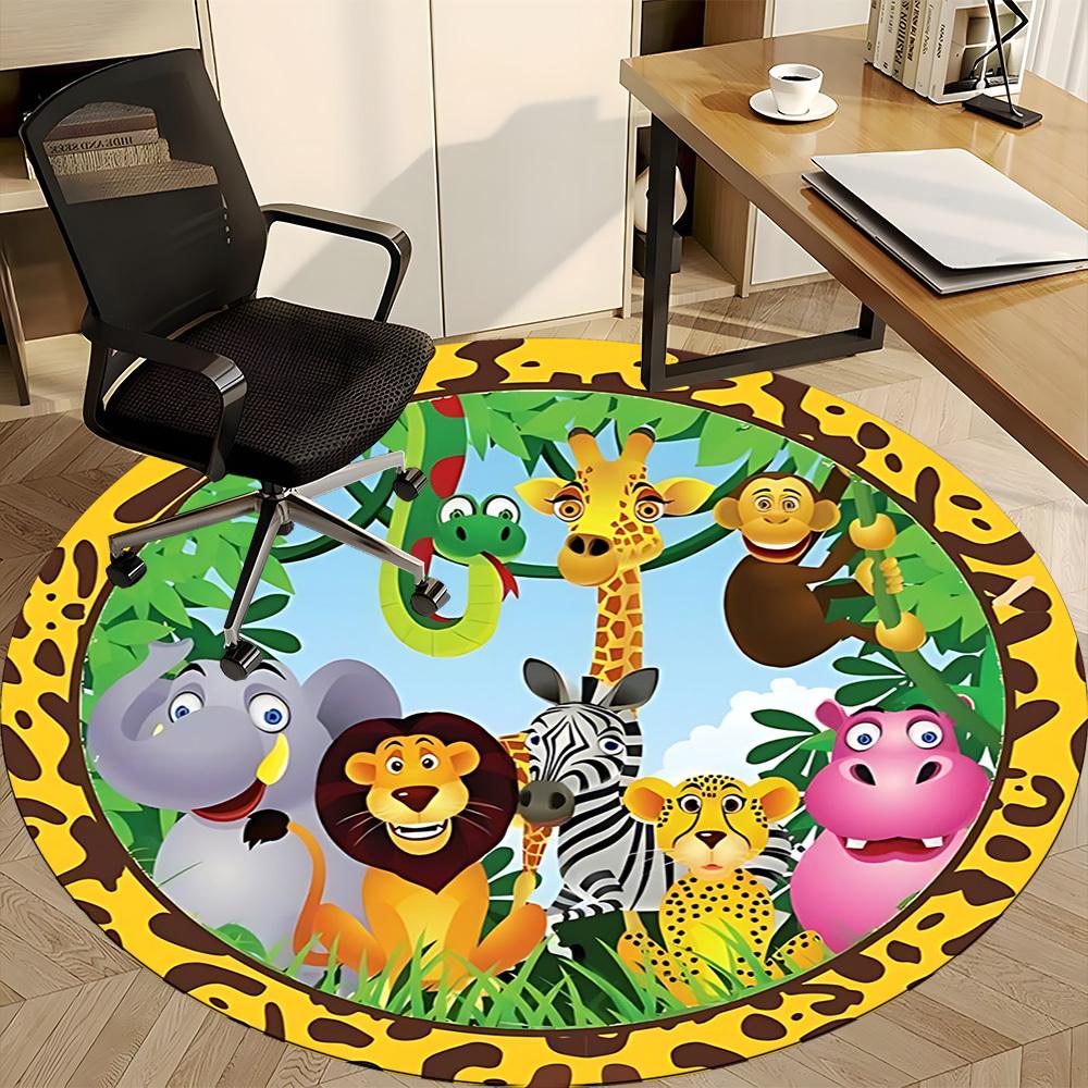 1pc Jungle Friends Chair Carpet for Office, Round Polyester Mat, Indoor Decor for Office, Easycare Fabric, Washable Non-slip Area Carpet