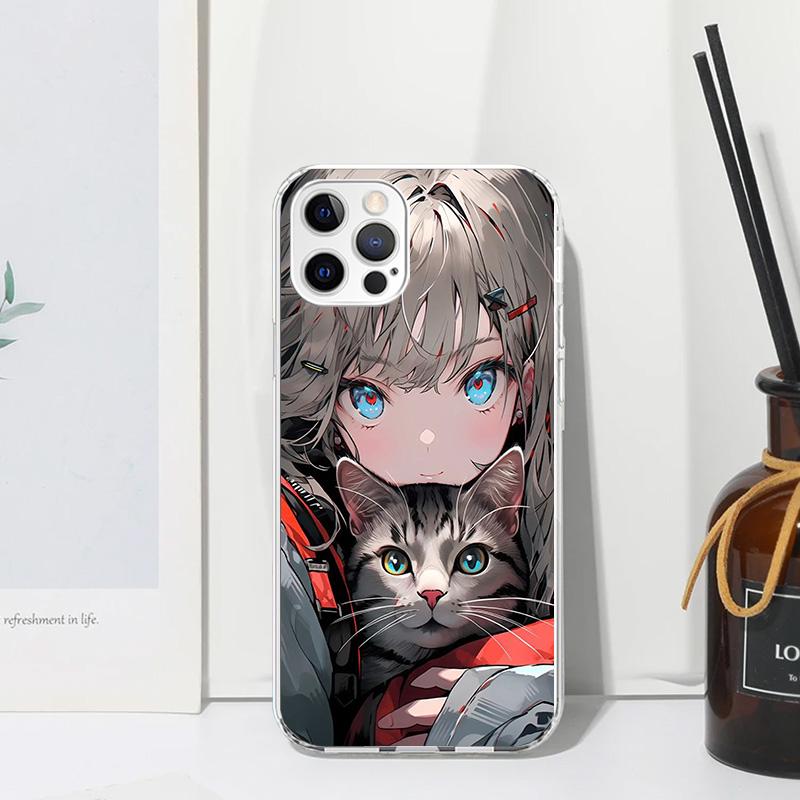 Anime Girls Cute Black Cat Phone Case For Iphone 17 Air 16 15 Plus 16E 14 Pro Max 13 Mini 12 11 7 8 SE Fundas Soft Back Cover 17