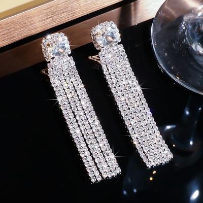 High-end Sparkling Rhinestones Long Fringed Earrings, Slightly Zircon Earrings, Copper Earrings