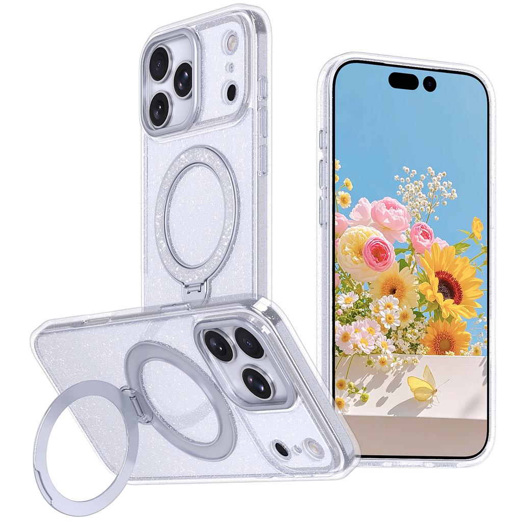 Premium Glitter Magnetic Case For iPhone 11 12 13 14 15 16 Plus Air 17 Pro Max 17e 360° Rotating Stand TPU Frame Acrylic Cover