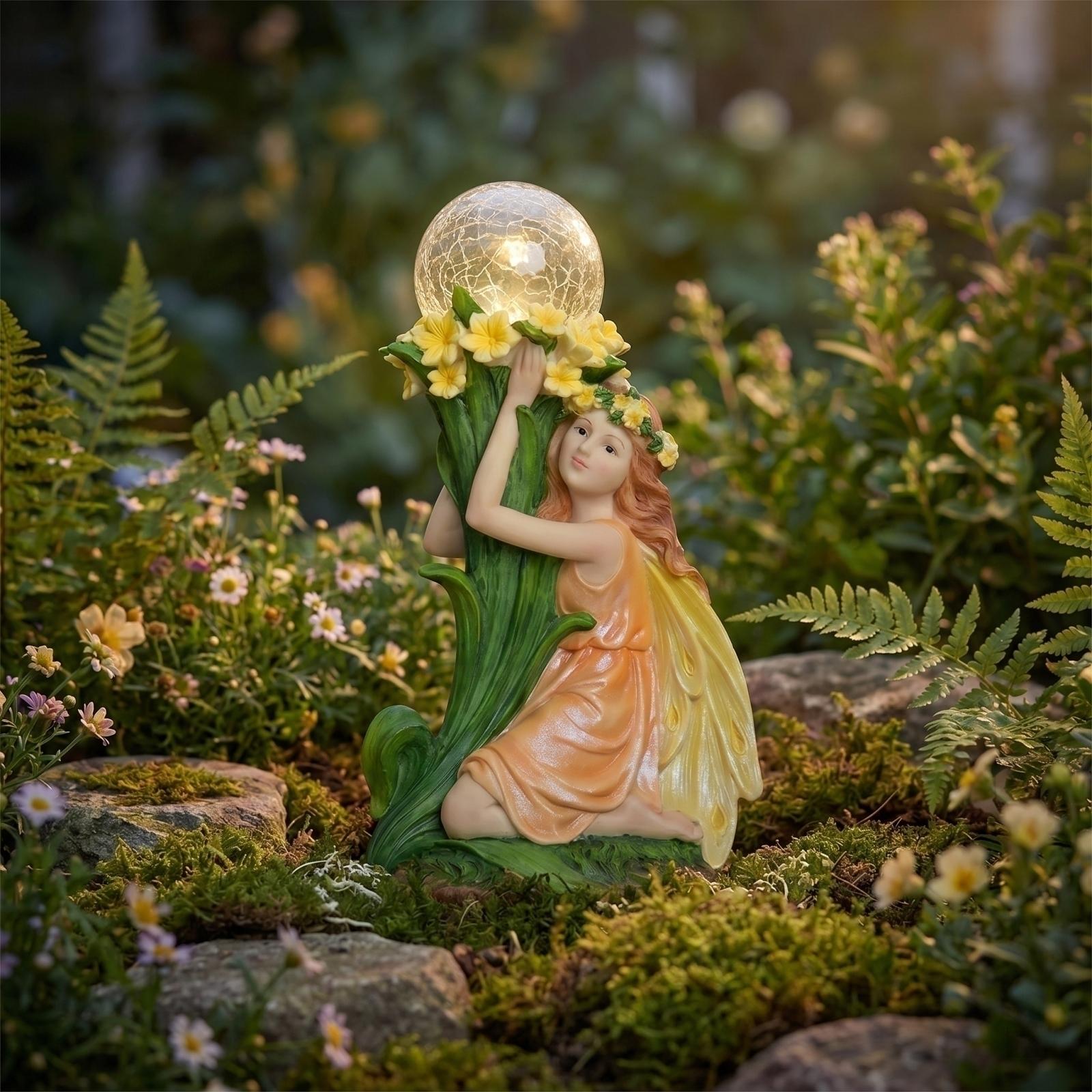 

Resin Garden Fairy Figurine with Solar Night Light Miniature Landscape Decoration for Outdoor Patio Yard Flower Pot Ornament One Size