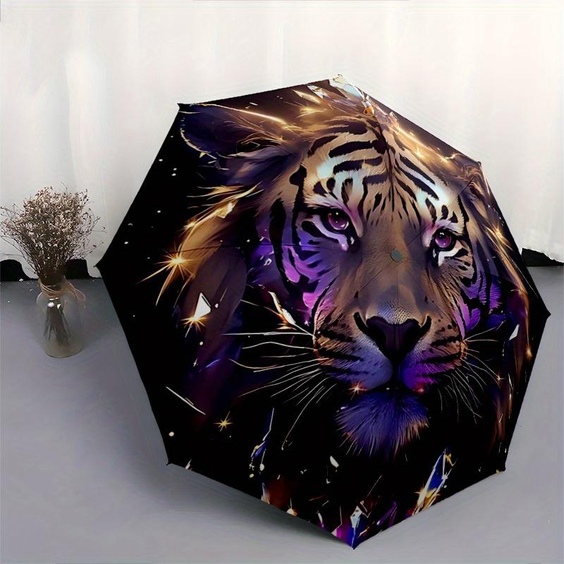 1pc Majestic Tiger with Crystal Crowns Pattern Umbrella, Fashionable, Personalized, High-Value Folding Umbrella, a Must-Have for Summer, 8-Rib Du