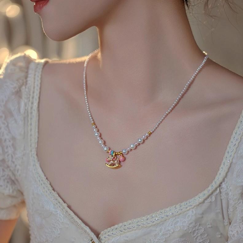Childlike Fashion Exquisite Color Enamel Trojan Horse Shijia Pearl Necklace Earrings Retro Light Luxury Dopamine Collarbone Chain