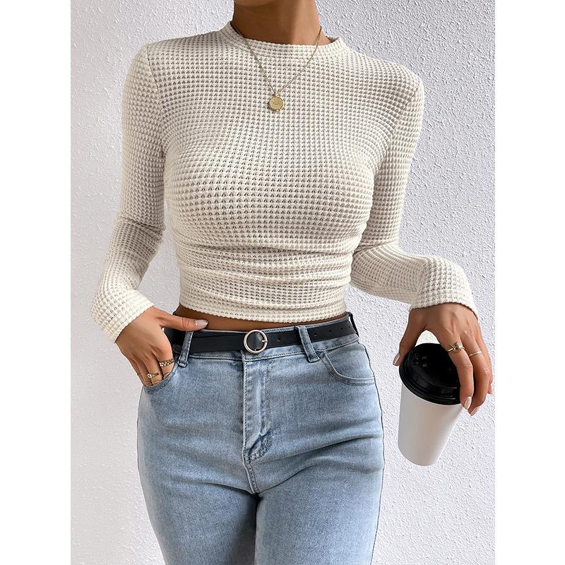 Women Solid Color Crew Neck Long Sleeve Slim Fit Casual Knit Shirt