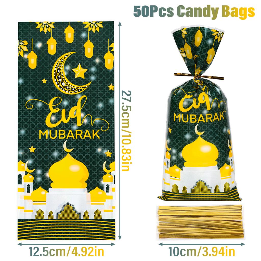 50pcs Eid Mubarak Gift Bags Plastic Candy Cookie Bag Ramadan Kareem Decoration 2024 Islamic Muslim Party Supplies Eid Gift Bags