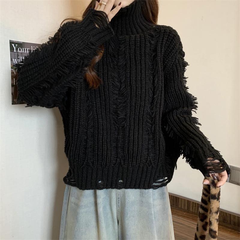European Autumn/Winter Tassel Ripped High Neck Knit Sweater for Women