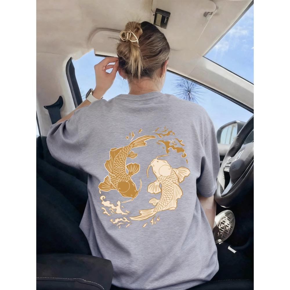 Japanisches Harajuku Koi-Print T-Shirt Damen Sommer Rundhals Kleidung Trendiges Kurzarm Atmungsaktives Y2K Damen-T-Shirt