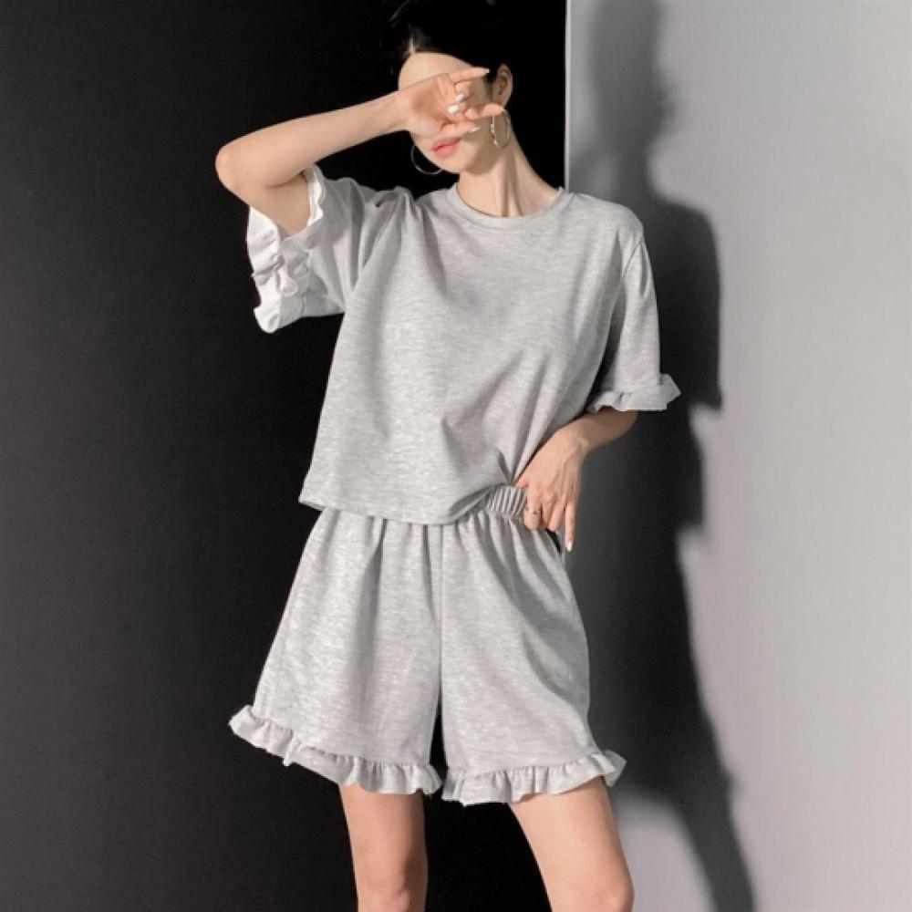 New Arrivals Open Run Women Frill Short Sleeve Crop Tee And Culotte Shorts Set
