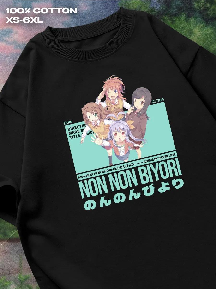 Non Non Biyori Anime black T‑shirt Mens Tshirt Womens Tshirts with Letters Print Short Sleeves T-Shirt Casual Street Tee Shirt Top L