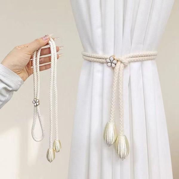 2Pcs Floral Elastic Curtain Tiebacks, No Drill Universal Size Woven Band for Drapes, Window Holdbacks