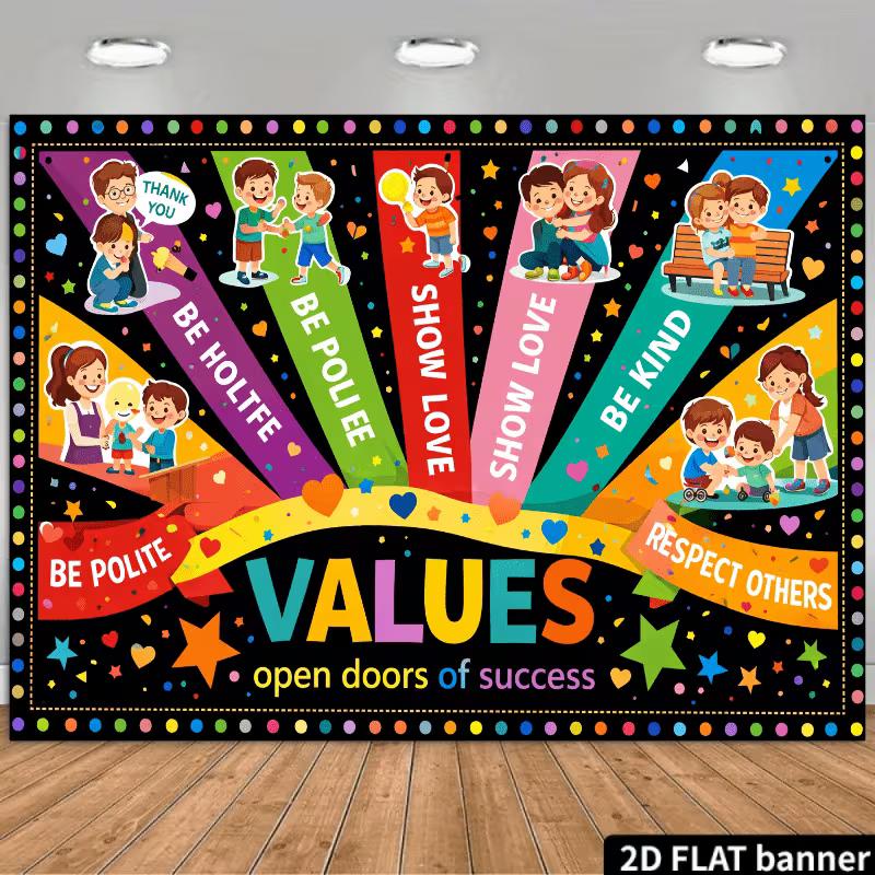 2D Positive Values Backdrop, Kids School Classroom Character Education Photo Booth Banner