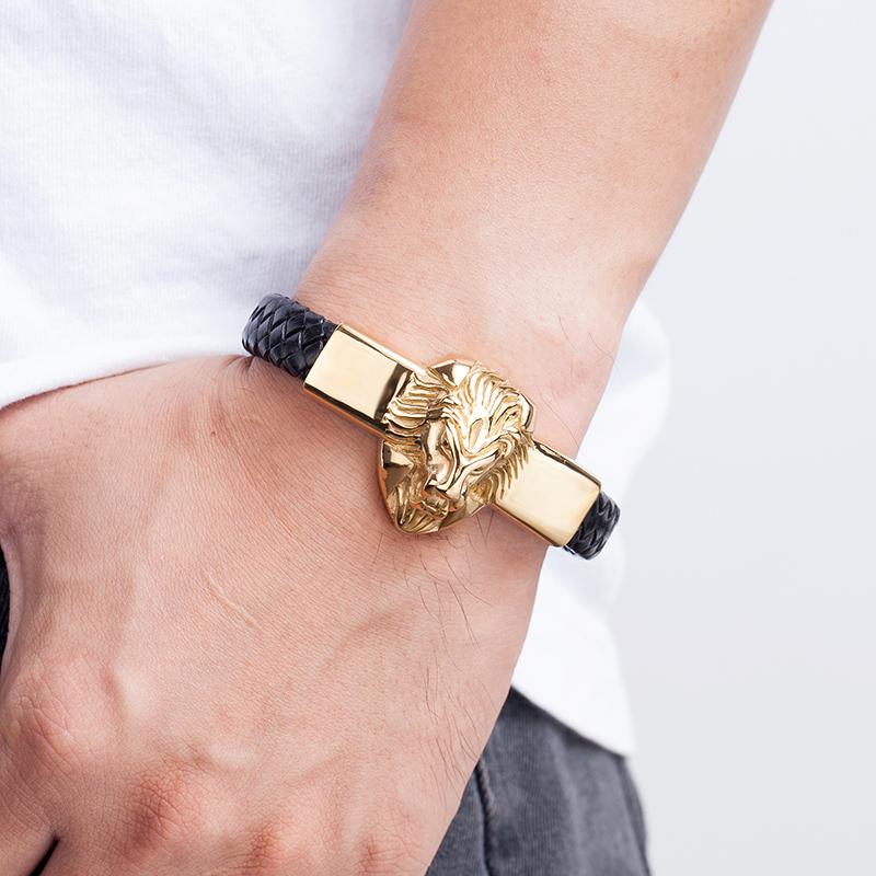 Gold Lion Head Men Bracelet Stainless Steel Leather Wristband Punk Luxury Magnetic Clasp Charm Bracelets Male For Friends Gift