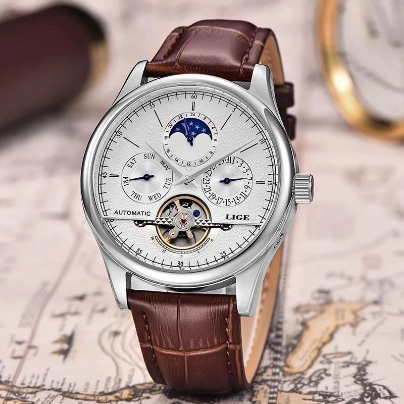 LIGE Brand Retro Mechanical Wristwatch Tourbillon Automatic Watch Sport Clock Leather Casual Business Men Watches Relojes Hombre