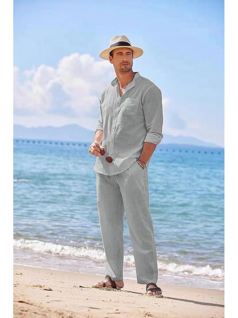 

Мужская европейская и американская спортивная одежда: Пляжные повседневные рубашки свободного кроя с длинными рукавами и брюки однотонных цветов. S серебряный серый