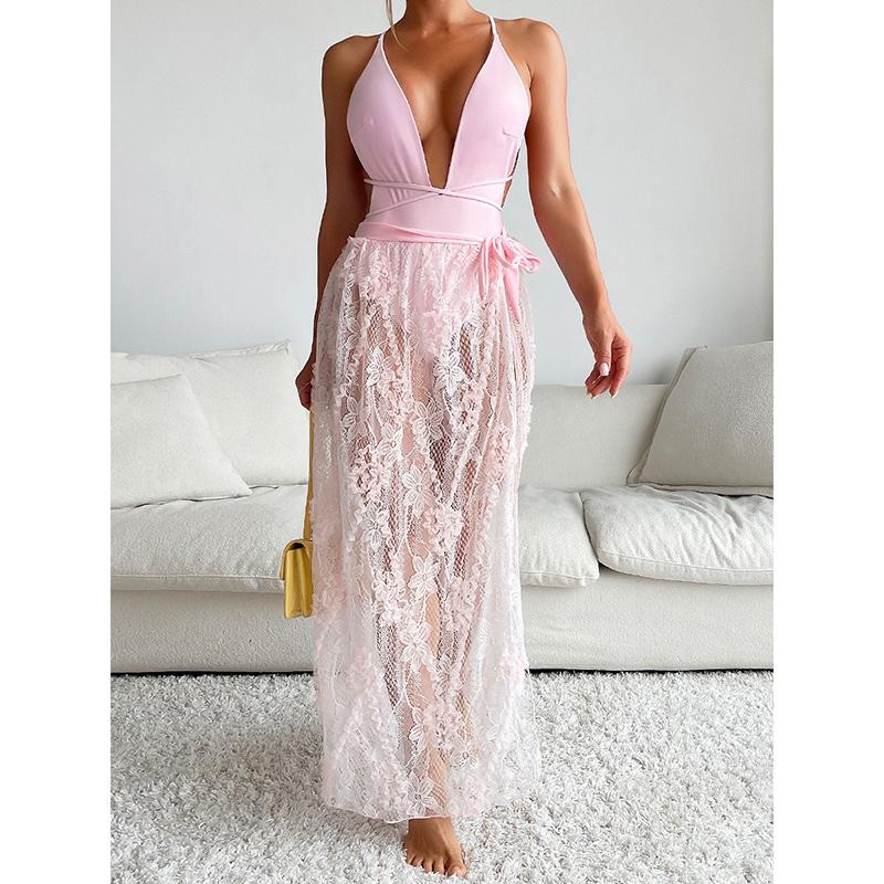 

Sexy Lace Skirt Swimwear Set Women Deep V Neck Backless Bandage Cross One Piece Swimsuit Black Beach Bathing Suit S