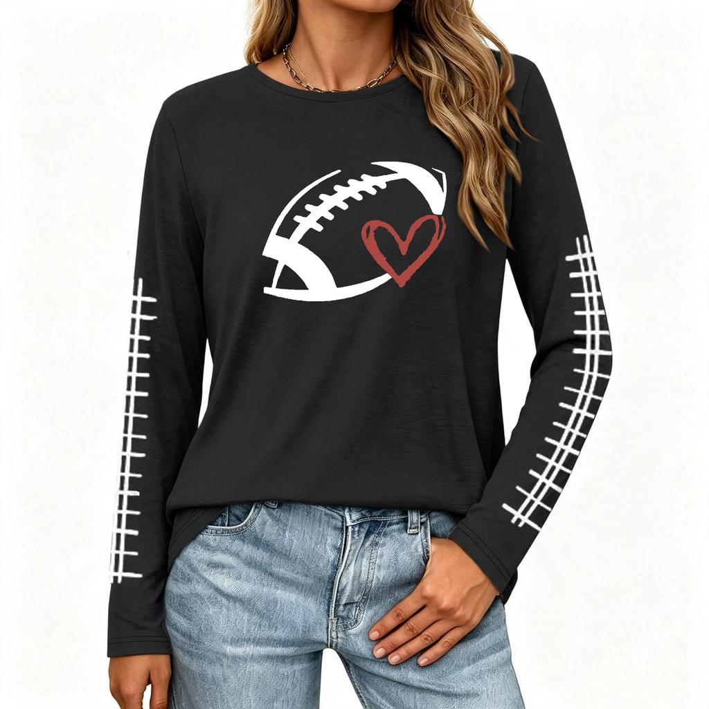 Women's Fashion Rugby Print Long Sleeve Neck Top with Side Slit Hem