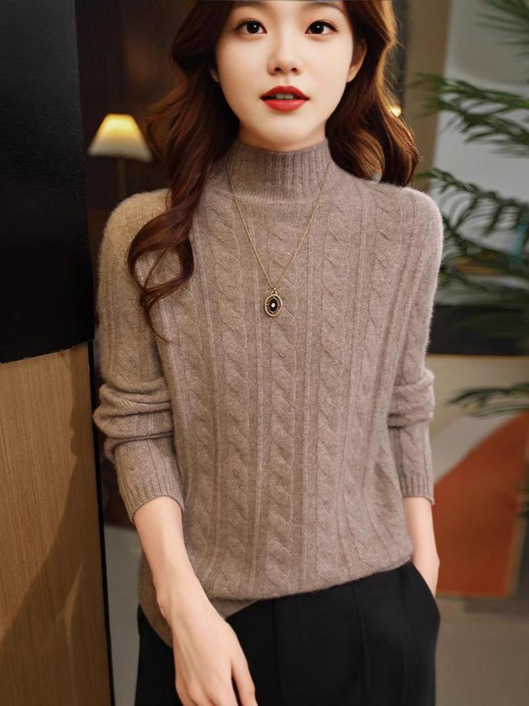Women's Wool Cable Knit Pullover - Half-High Collar, Loose Fit, Solid Color, Thick Autumn/Winter Cashmere Base Layer.