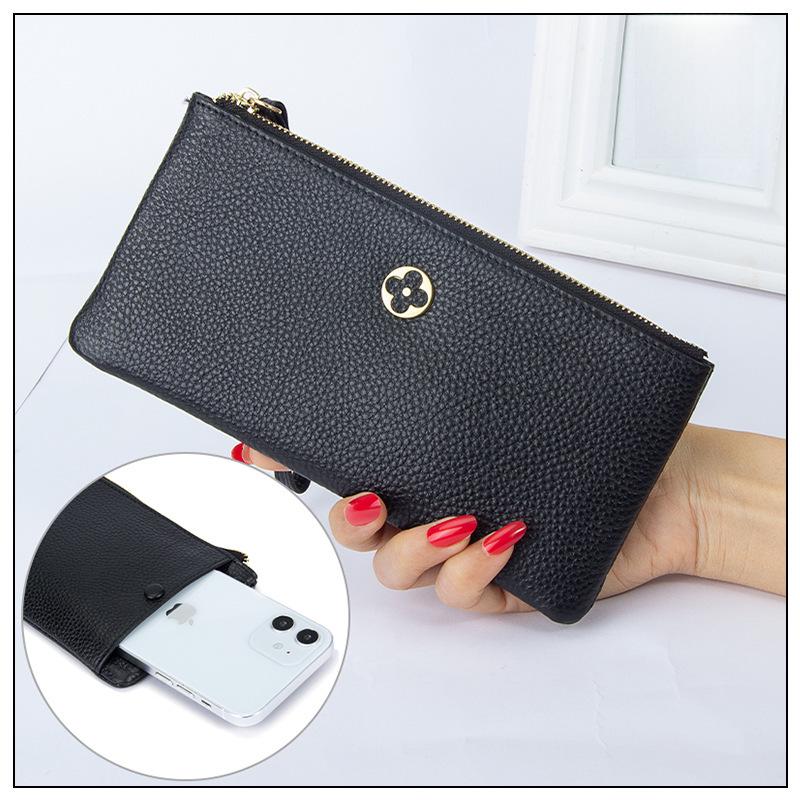 Elegant Long Women's Genuine Leather Clutch Wallet with Thin Korean Style Zipper